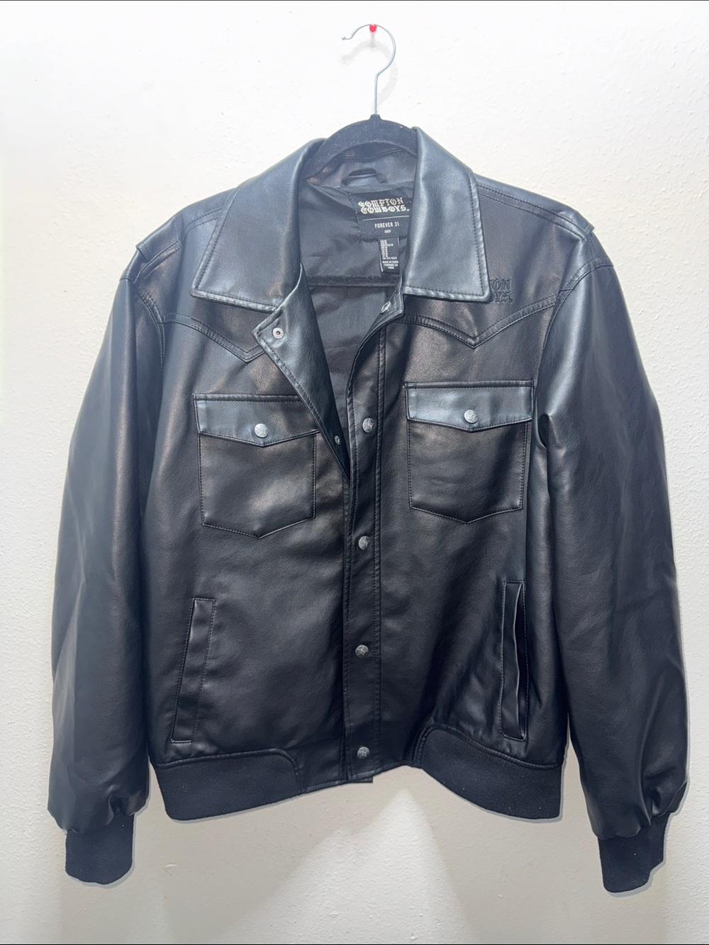 Forever 21 Men's Black Faux Leather Bomber Jacket